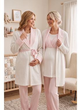 Kışlık Pamuk Sabahlıklı Kruvaze Yaka Lohusa Pijama Takımı Pembe - 1000